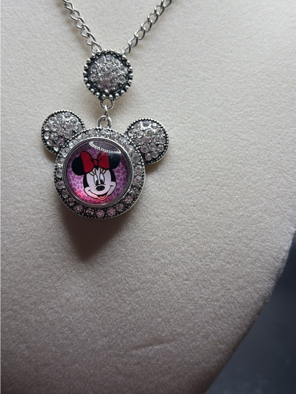 Minnie Mouse Pink Crystal Pendant Necklace - Silver Tone